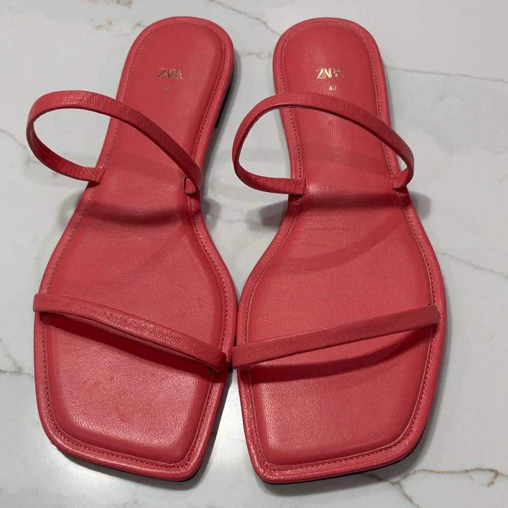 Zara Pink Minimal Double-Strap Slide Sandals - Picture 1 of 10